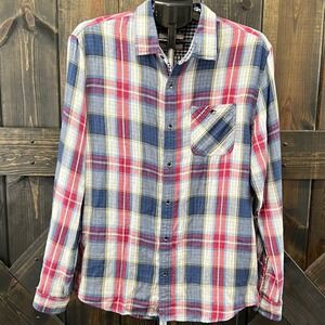 Flag &‎ Anthem Blue Red Plaid Flannel Button Up Top L 100% Cotton Casual Preppy